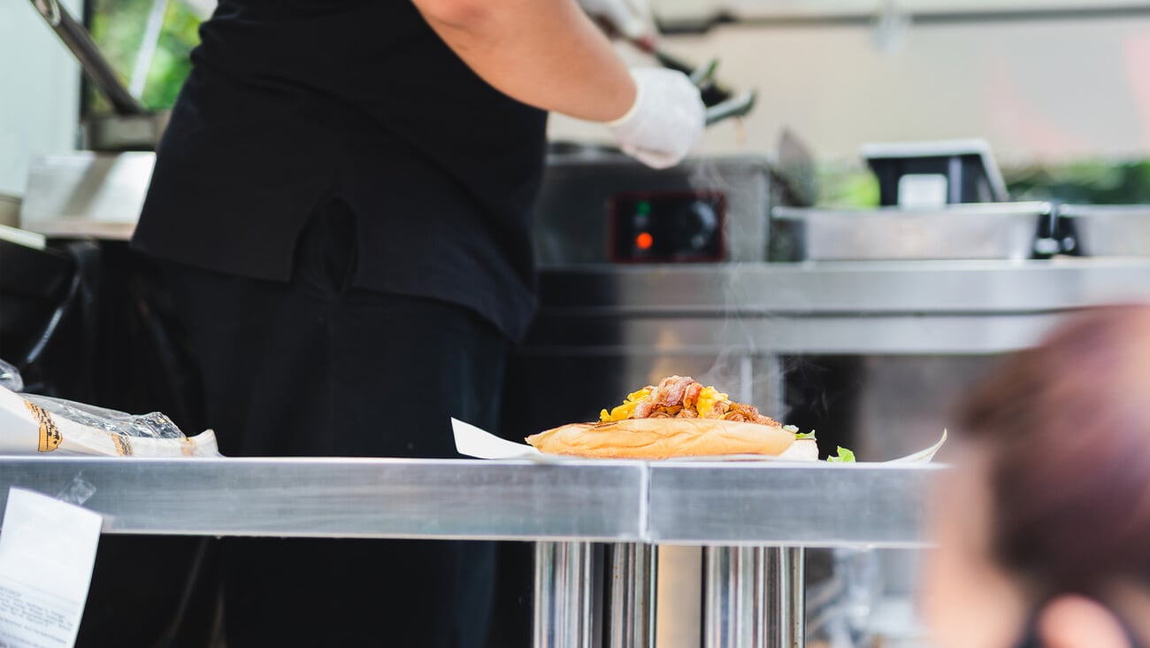 Chef preparing sandwich on food truck live cooking; Shutterstock ID 1851159499