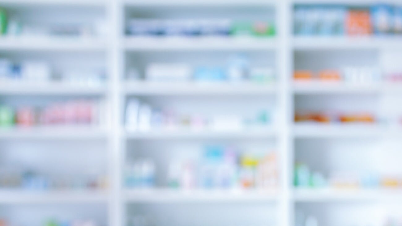 pharmacy drugstore shelves interior blurred abstract background; Shutterstock ID 2227178793