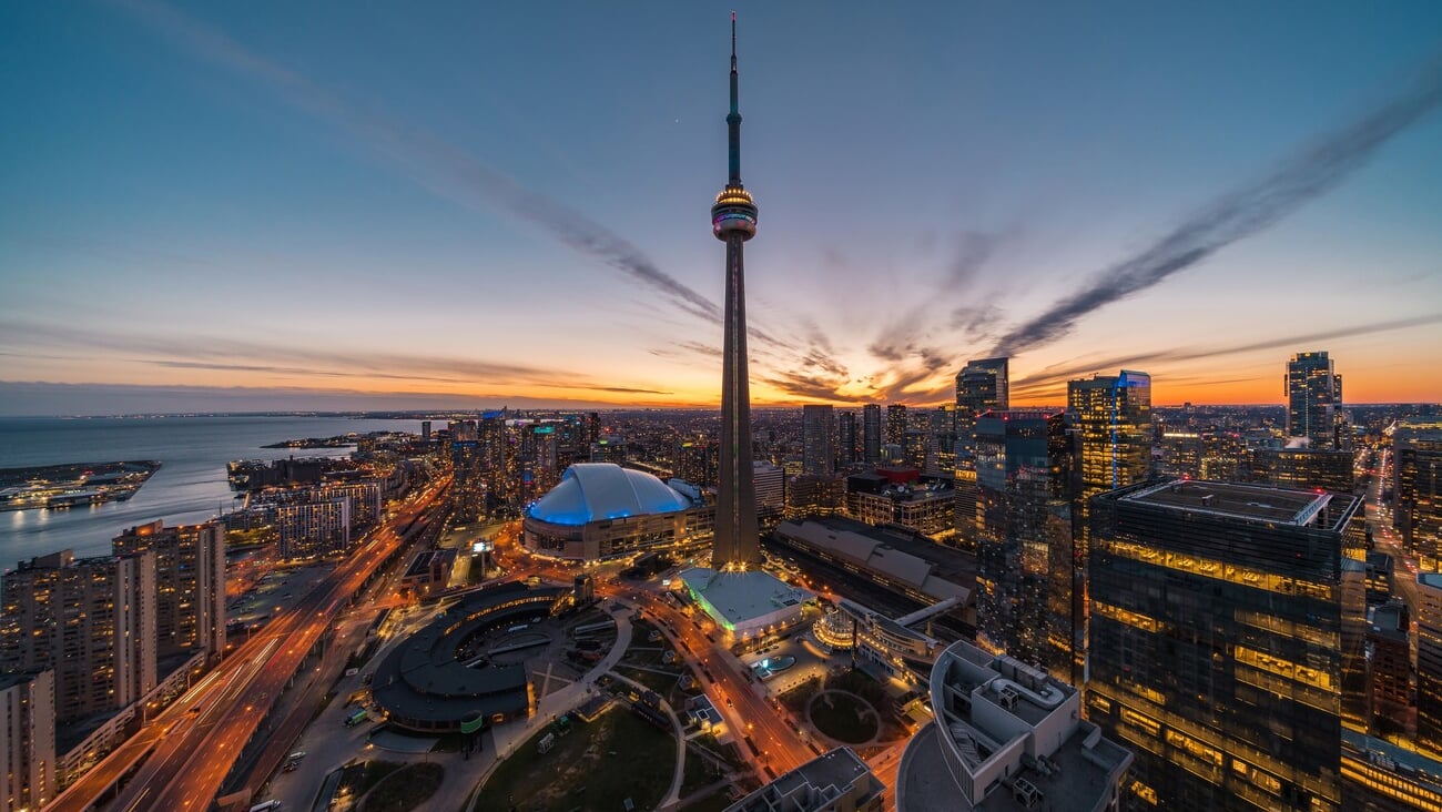 Panoramic view of Toronto financial district and Harbourfront at dusk in Toronto, Ontario, Canada.; Shutterstock ID 2241180991