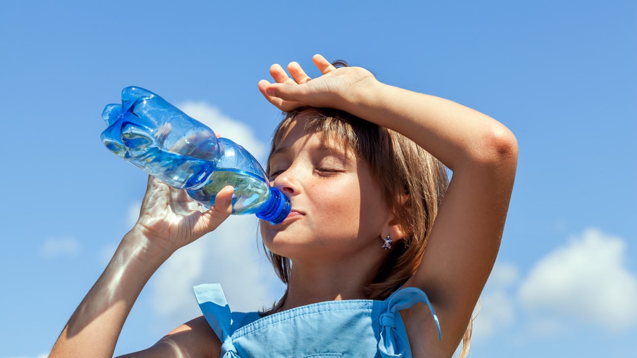 Attractive young beautiful girl drinking water from plastic bottles; Shutterstock ID 261978008