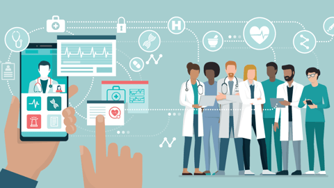 illustration of smart phone connecting to healthcare professionals