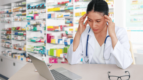 female pharmacist leaning on desk, hands holding head, feeling stress