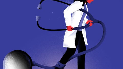 Illustration of doctor with large stethoscope.