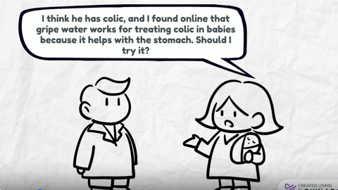 cartoon patient asks cartoon pharmacist about colic