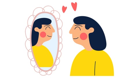 Cartoon of woman looking into the mirror, happy with what she sees