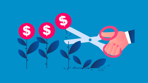 Cartoon of hand with scissors cutting flowers with dollar signs