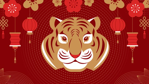 a graphic image of a tiger face with lanterns in the background