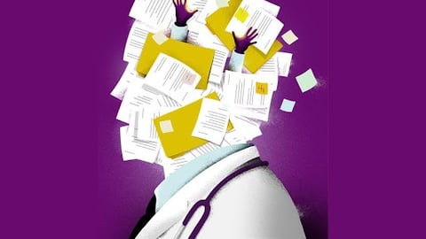 Cartoon of doctor with a head made of paperwork