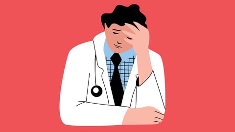 Cartoon of doctor with a tired expression