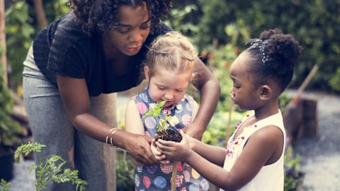 A young woman teaching to young girls about gardening