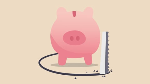 Picture of a piggy bank with a saw popping up above cutting out a circle beneath the bank