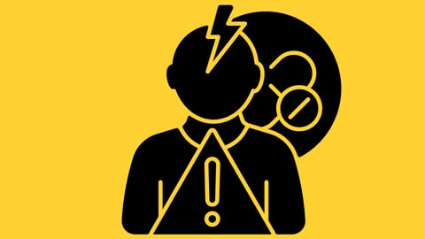 Yellow background with black cartoon of a man with a headache