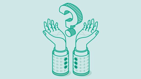 Green drawing of hands holding a question mark