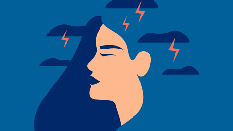 A cartoon woman with storm clouds and lightening around her head