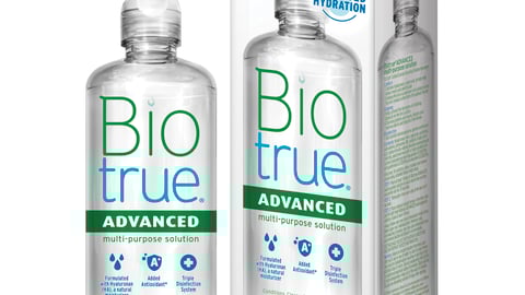 Clear bottle of contact lense solution 