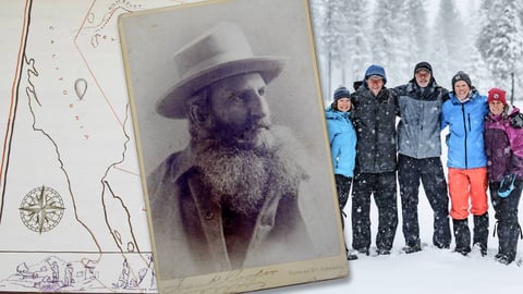 Composite photo of an old map, a vintage photo of a man with a brimmed hat and large beard and a group of five adventurers in colourful outdoor clothes