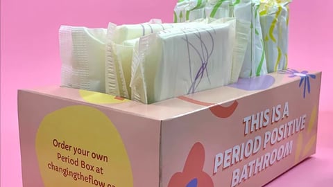 Pink cardboard box containing pads and tampons