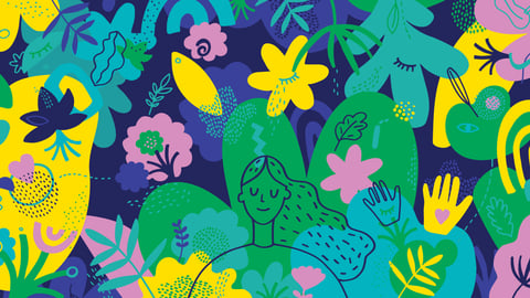 Cartoon of a woman surrounded by colourful plants