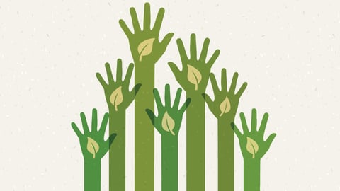 Green hands resembling plants reaching for the sky