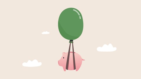 Cartoon of a pig being held up by. green balloon