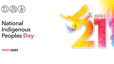 English image for Facebook, Twitter and LinkedIn with 3 illustrations: an eagle representing First Nations, a narwhal representing Inuit, and a violin representing Métis. These illustrations are placed around the date "June 21" and surrounded by multicoloured smoke that represents Indigenous traditions, spirituality, inclusion and diversity.