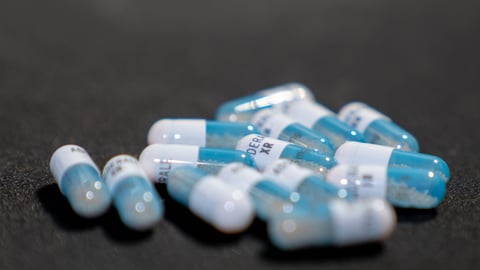 Adderall amphetamine capsules, light blue and white, on grey background