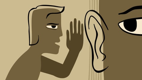 Cartoon of a little man whispering into a larger person's ear