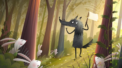 Cartoon of the big bad wolf waving a white flag to show several scared bunnies he means no harm