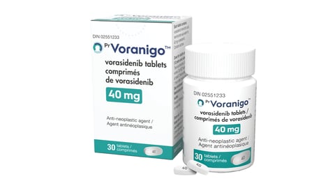 Box and bottle of Voranigo, a new oral antineoplastic