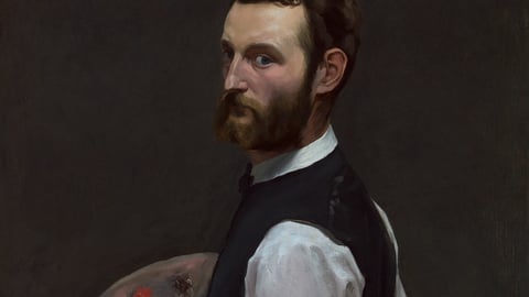 Painting with a dark background of a white male holding a pallette and wearing a 19th century European-style shirt