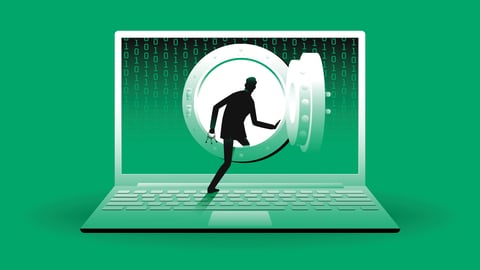 A cartoon of a man stepping into a vault inside of a laptop to represent a cybersecurity threat