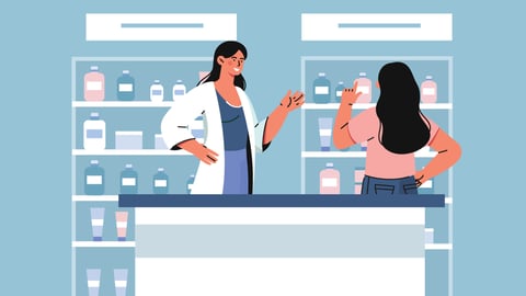 Cartoon of a pharmacist chatting with a patient