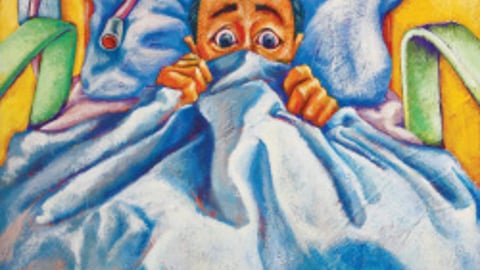 Cartoon of a patient covering his face with a sheet because he's afraid of his doctor