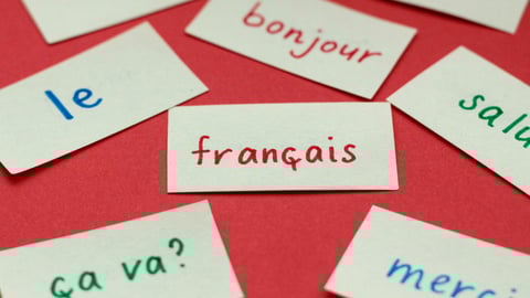 French words on sticky notes against a red background