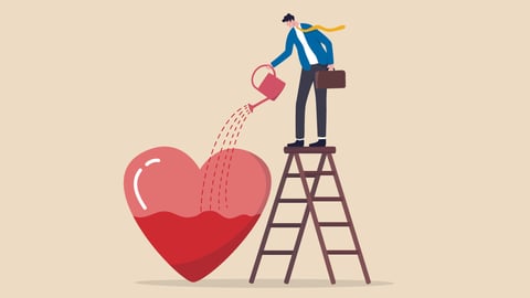 Cartoon of a man up a ladder watering a large heart