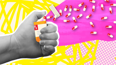 Cartoon of a hand opening a prescription bottle of pills