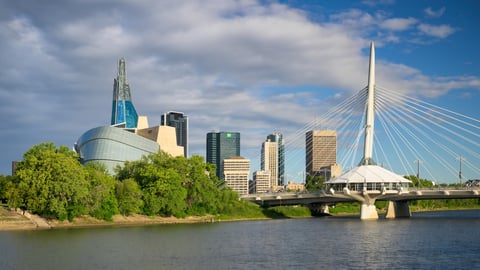 Winnipeg skyline from across the Red River on Aug. 9, 2023.