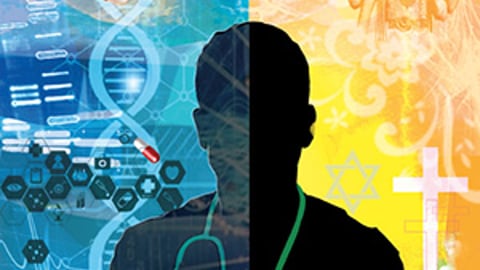 A cartoon silhouette of a male doctor superimposed on a divided background, the left with symbols of science, the right with symbols of religion