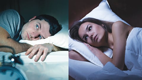 Two images side buy side of people irritated by not being able to fall asleep