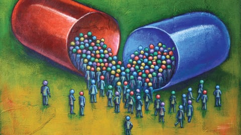 A cartoon of a capsule pill opening with people falling out of it