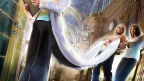 Doctor in a white coat that is extra long in the back with two people holding it up as though it were a royal train