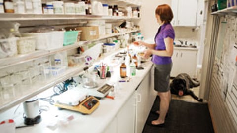 Pharmacist working at a counter with a dog lying down near her feet