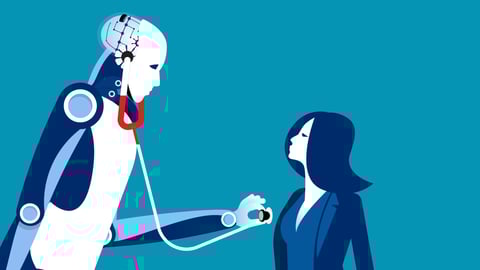 Cartoon of a robot helping a patient as though it's a doctor