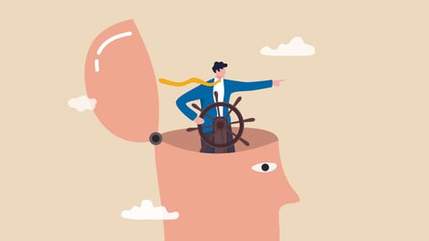 A cartoon of a suited man in a large cartoon head