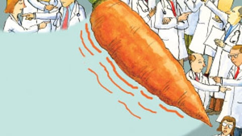 Carrot rolling over a group of cartoon doctors