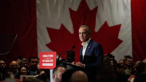 Prime Minister Mark Carney attends a federal election campaign rally at Sheraton Vancouver Airport Hotel in Richmond, B.C., Canada