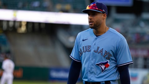 Toronto Blue Jays outfielder George Springer on the field during a game against the Oakland Athletics at the Oakland Coliseum.
