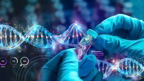 gloved hands holding medicine against molecule images