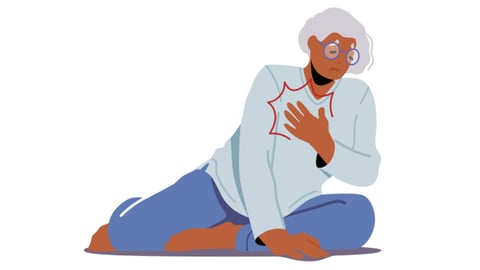 Cartoon of an older woman holding her side in pain because she fell on the floor