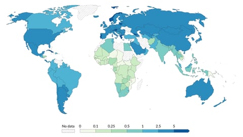 Map of the world with data about the number of doctors
